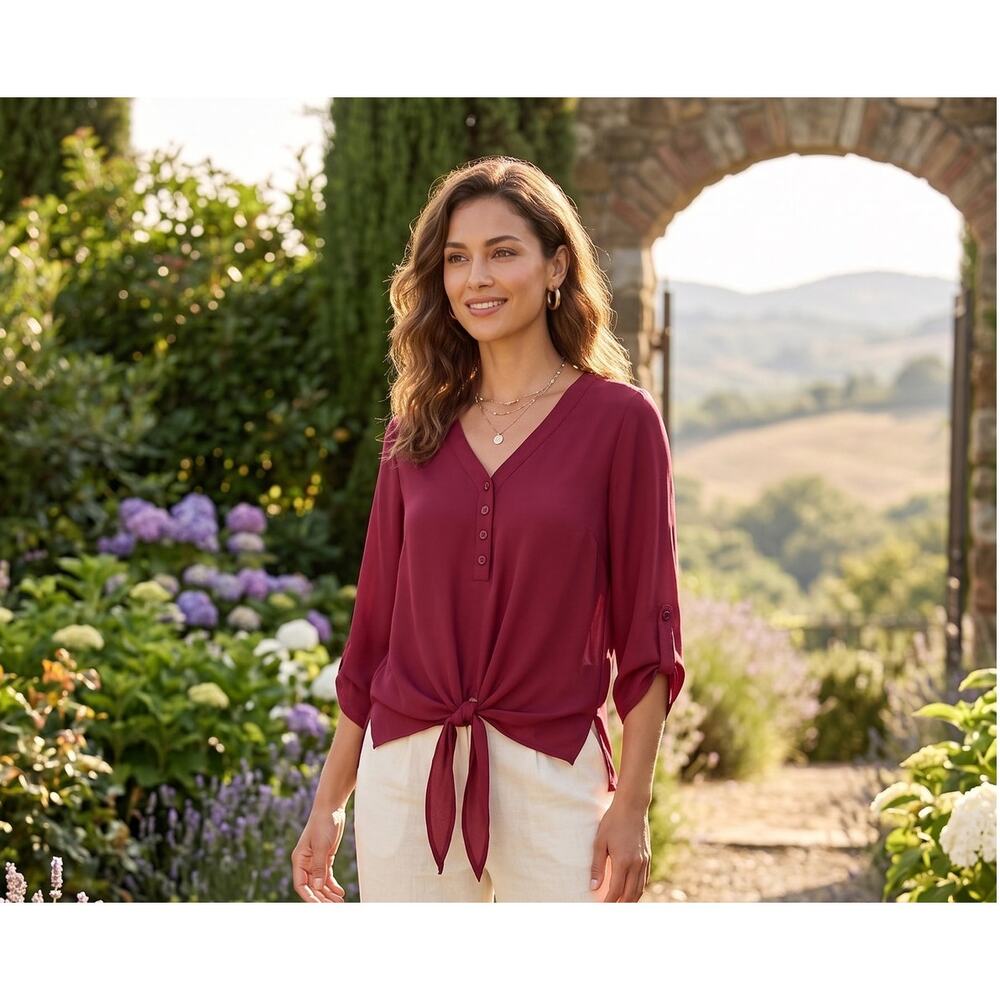 Kanji brand red tie-front blouse roll-tab sleeves size L